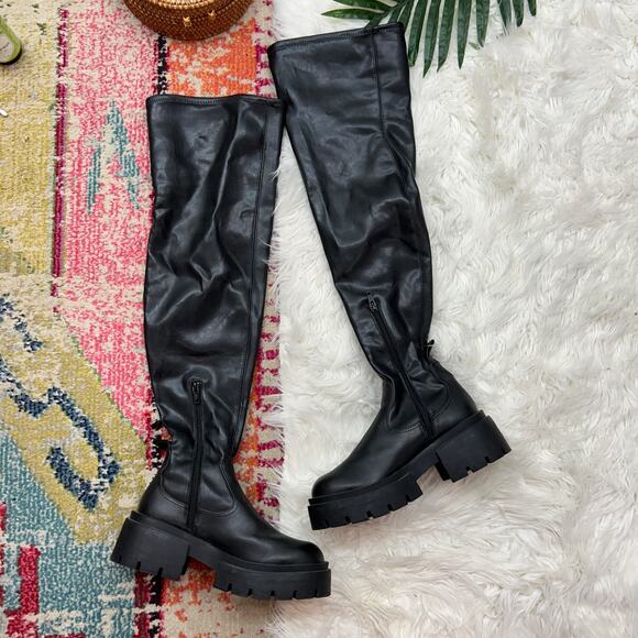 H&M Black Faux Leather Chunky Platform Over the Knee Boot 37 / 6 Concert Goth - Picture 2 of 8